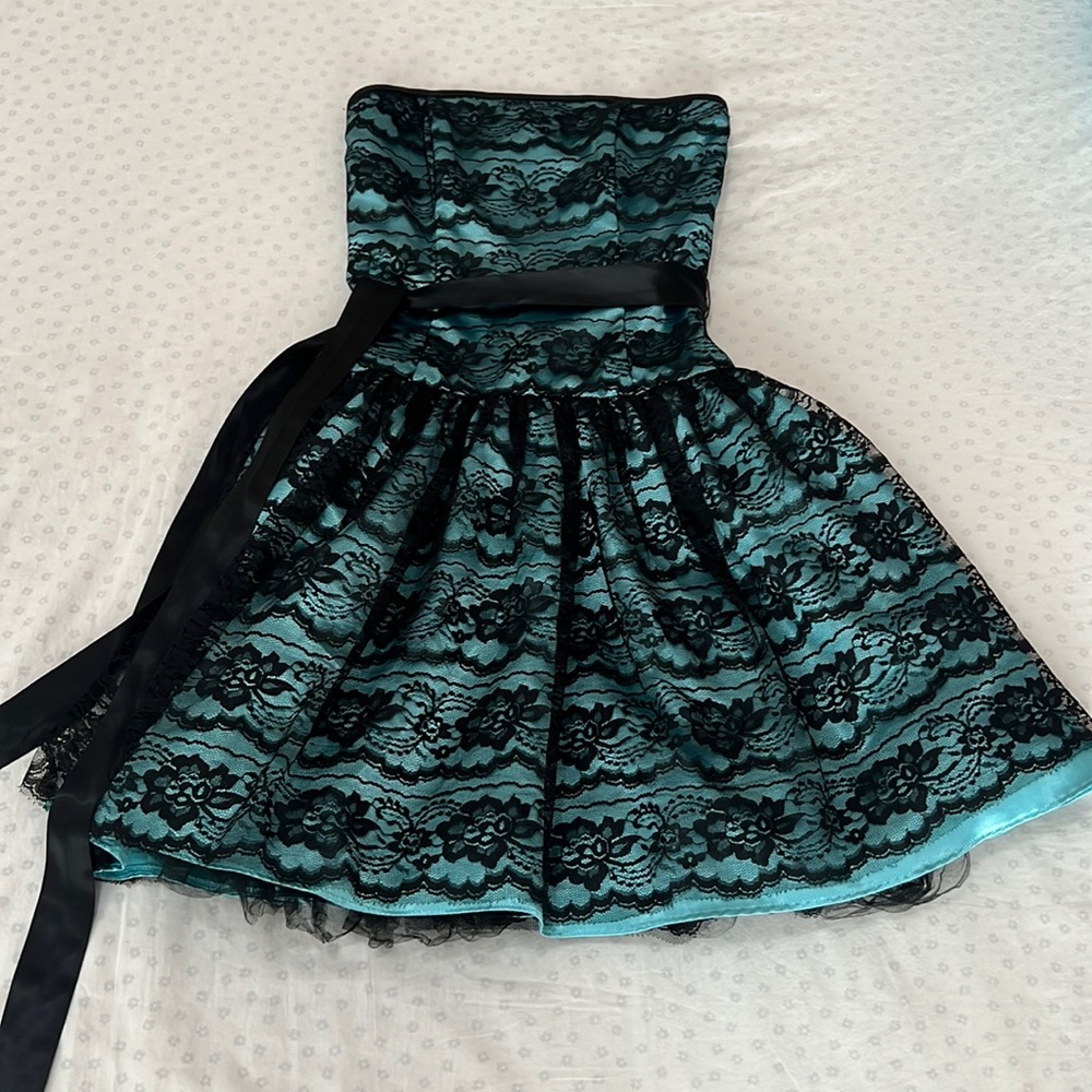 Jessica McClintok for Gunne Sax Strapless Dress Teal and Black